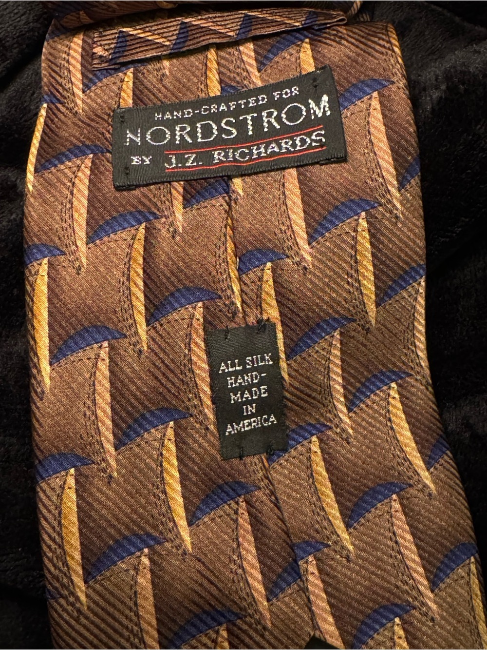 Nordstrom Brown Silk Tie with Blue & Gold Geometric Pattern